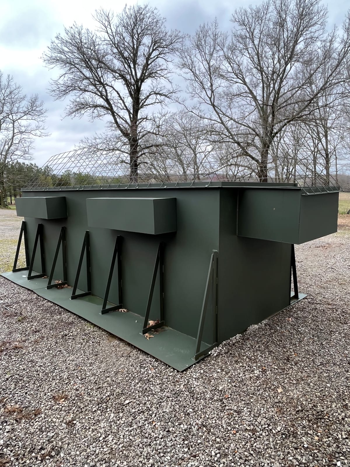 Exterior view of a custom steel pit blind — durable finish